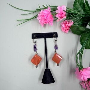Handmade Orange Aventurine and Amethyst Gemstone Drop Earrings